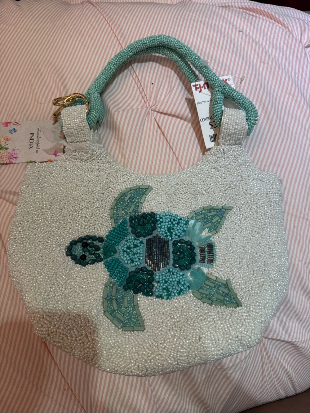 Beaded Turtle Accent Tote Bag - White with Teal Handle